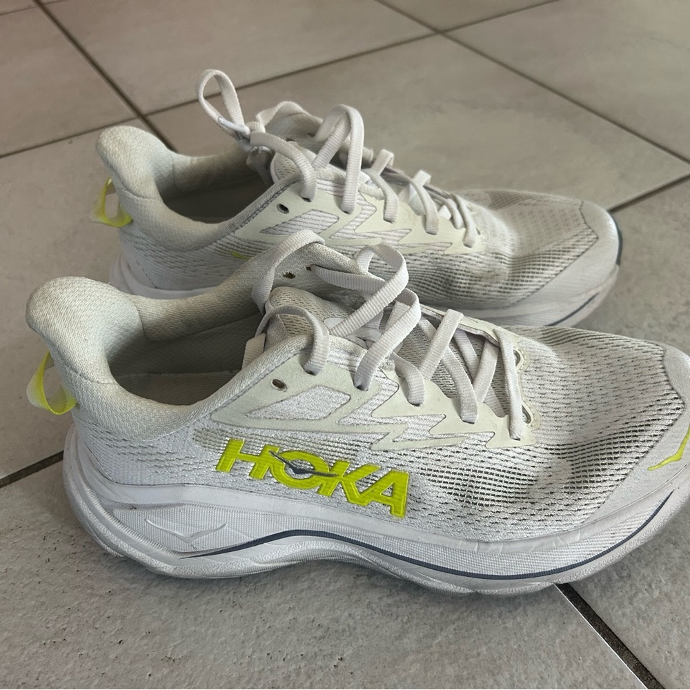Hoka White and Neon Yellow Athletic Shoes